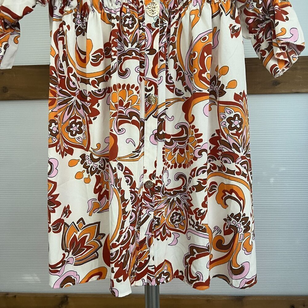 Boho Paisley Floral Ruffle Sleeve Empire Waist Mini Dress Orange Brown White S * - Picture 7 of 13
